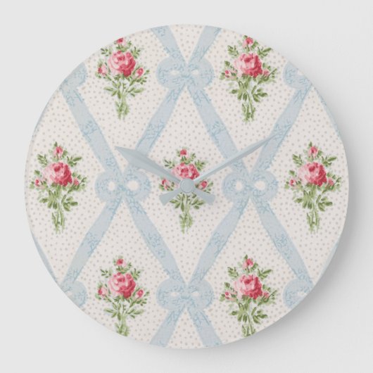 Roze Victoriaans Rozen met blauw lintrooster Grote Klok (Voorkant)