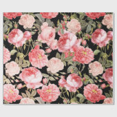 Roze Victoriaans Rozen op zwart patroon Cadeaupapier (Vlak)