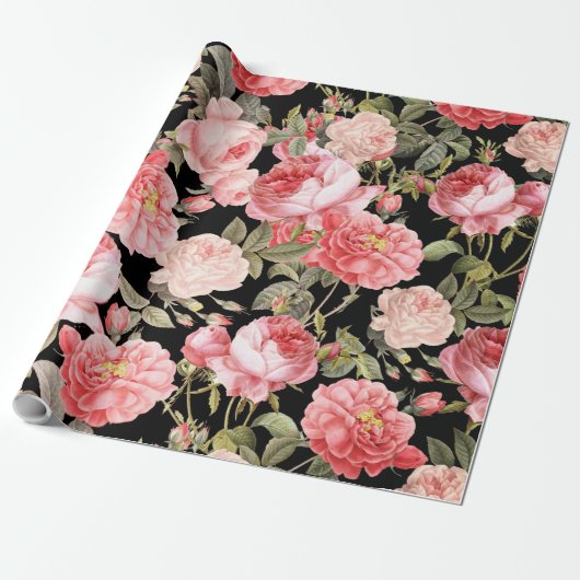 Roze Victoriaans Rozen op zwart patroon Cadeaupapier (Uitgerold)