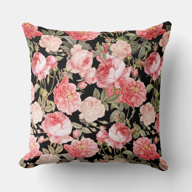 Roze Victoriaans Rozen op zwart patroon Kussen (Voorkant)