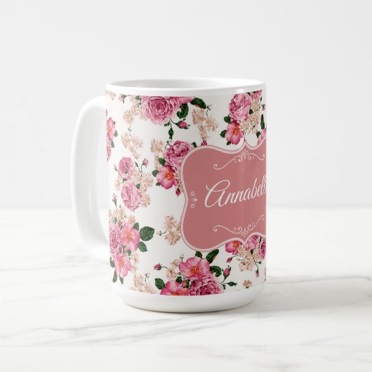 Roze Victoriaans Rozen personaliseren Koffiemok (Voorkant links)