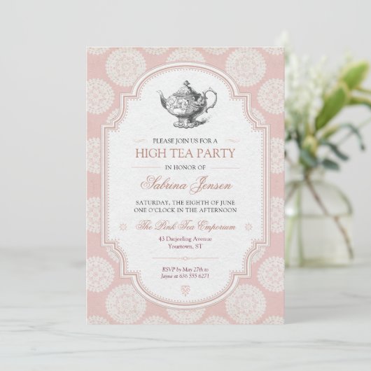 Roze Victoriaanse Hoog Thee Party Kaart (Staand voorkant)