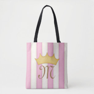 Roze Victoriaanse Strepen Kroon Monogram Prinses Tote Bag