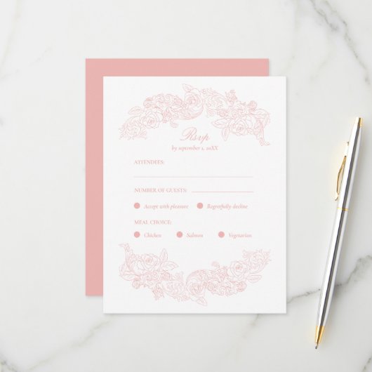 Roze Victorian Menu Keuze RSVP Kaart (Voorkant / Achterkant in situ)