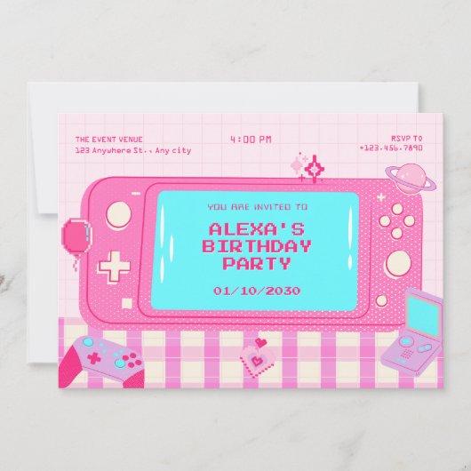 Roze videogame retro verjaardag kaart (Voorkant)