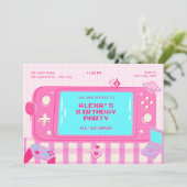 Roze videogame retro verjaardag kaart (Staand voorkant)