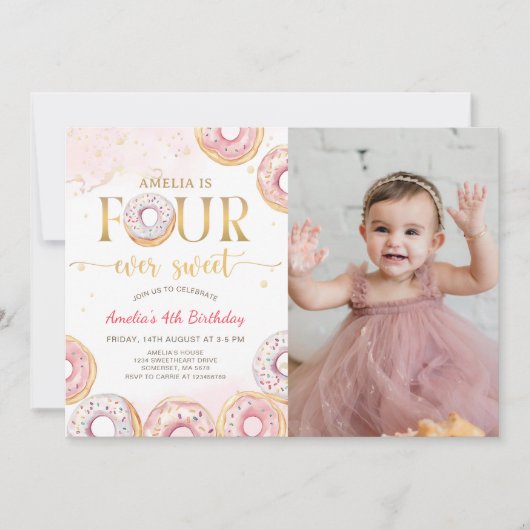 Roze Vier Ooit Zoete Donut 4e Verjaardag Foto Kaart (Voorkant)
