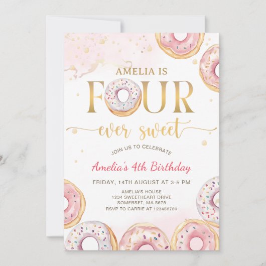 Roze Vier Ooit Zoete Donut 4e verjaardag Uitnodigi Kaart (Voorkant)