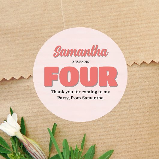 Roze Vierde Verjaardag Meisje Party Bloemen Ronde Sticker