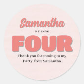 Roze Vierde Verjaardag Meisje Party Bloemen Ronde Sticker (Voorkant)