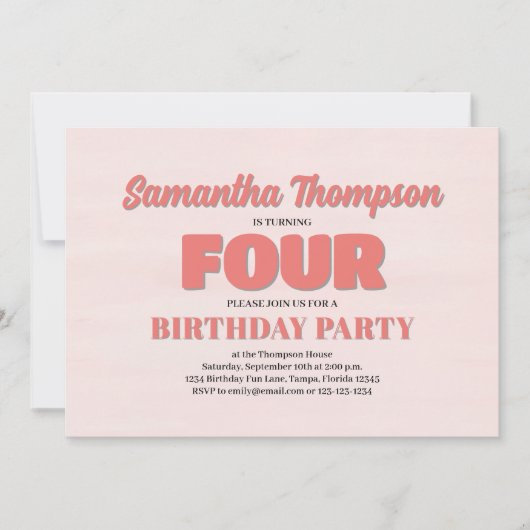 Roze Vierde Verjaardag Meisje Party Bloemen Sjablo Kaart (Voorkant)