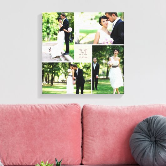 Roze Vierkant Grid Monogram Bruiloft 4 Fotocollage Canvas Afdruk (Insitu (Woonkamer))