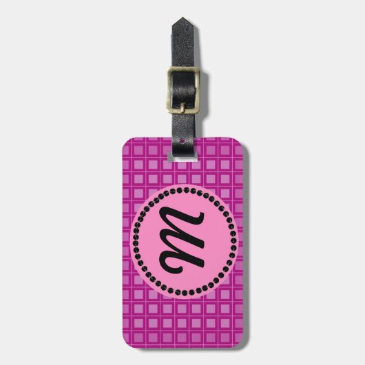 Roze vierkant monogram bagagelabel (Voorkant verticaal)
