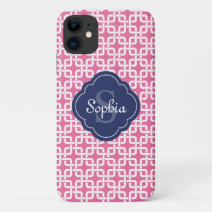Roze vierkant patroon Blauw Monogram Case-Mate iPhone Case