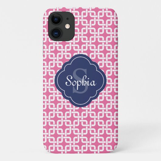 Roze vierkant patroon Blauw Monogram Case-Mate iPhone Case (Achterkant)