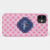 Roze vierkant patroon Blauw Monogram Case-Mate iPhone Case (Achterkant (horizontaal))
