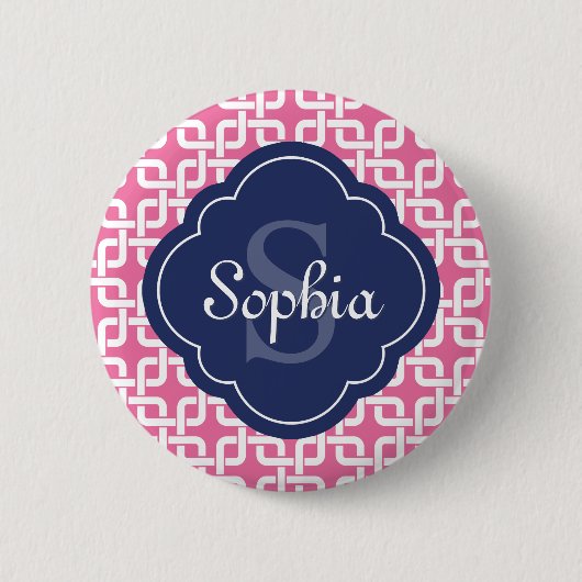 Roze vierkant patroon Blauw Monogram Ronde Button 5,7 Cm (Voorkant)