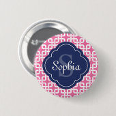 Roze vierkant patroon Blauw Monogram Ronde Button 5,7 Cm (Voorkant /achterkant)