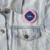 Roze vierkant patroon Blauw Monogram Ronde Button 5,7 Cm (In situ)