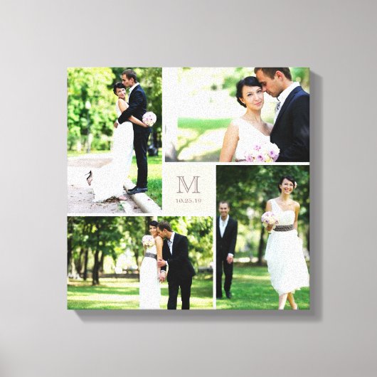 Roze vierkant raster monogram trouw 4 foto collage canvas afdruk (Voorkant)