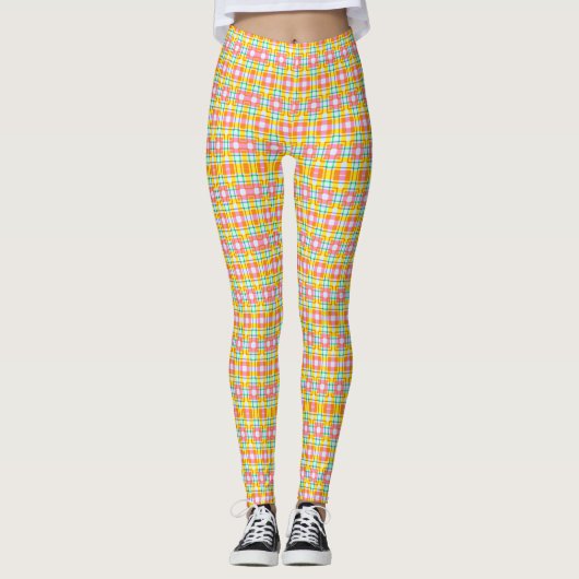 Roze Vierkanten Patroon Lente Kleuren Leggings (Voorkant)