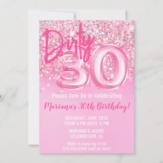 Roze Vies 30 Dertig Verjaardag Uitnodiging Glitter (Voorkant)