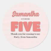 Roze Vijfde Verjaardag Meisje Party Bloemen Ronde Sticker (Voorkant)