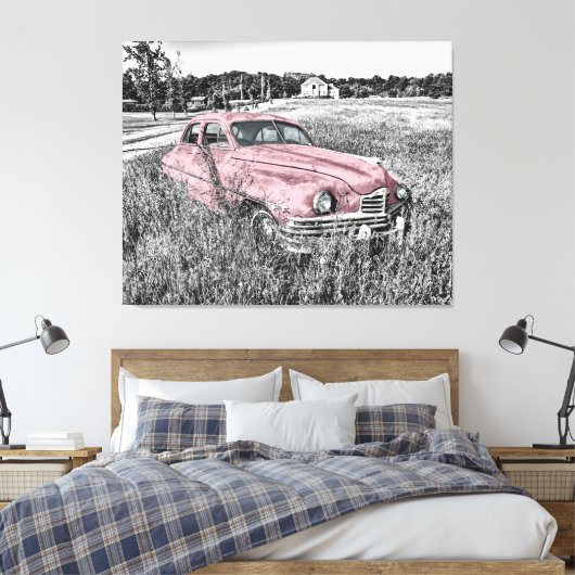 Roze Vintage-auto Canvas Afdruk (Insitu (Slaapkamer))