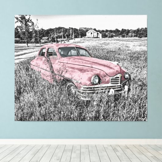 Roze Vintage-auto Canvas Afdruk (Insitu (Houten vloer))
