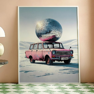 Roze Vintage Auto met Disco Bal Kunstprint Poster