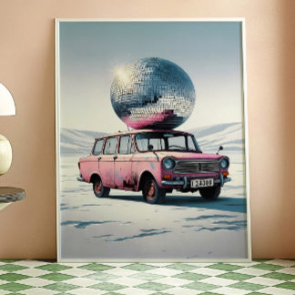 Roze Vintage Auto met Disco Bal Kunstprint Poster
