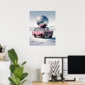 Roze Vintage Auto met Disco Bal Kunstprint Poster (Thuiskantoor)