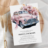 Roze Vintage Auto Modern Vrijgezellenfeest Kaart