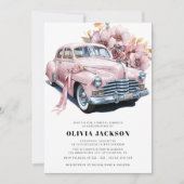 Roze Vintage Auto Modern Vrijgezellenfeest Kaart (Voorkant)