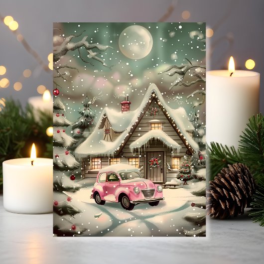 Roze Vintage Auto Winter Wonderland Kaart