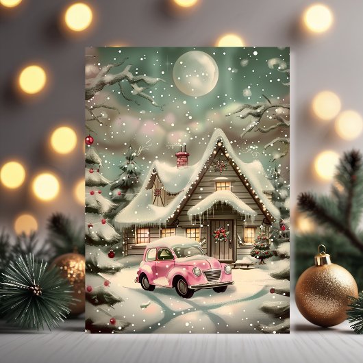 Roze Vintage Auto Winter Wonderland Kaart