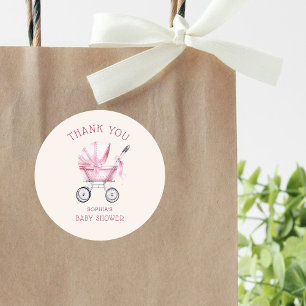 Roze Vintage Babywagen Baby Shower Ronde Sticker
