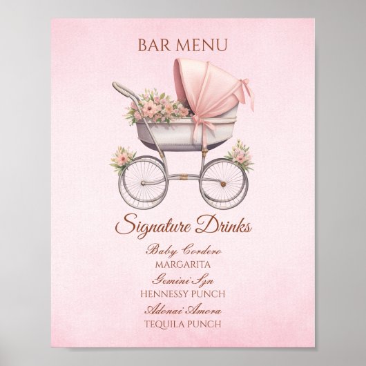 Roze Vintage Babywagen Barmenu Poster (Voorkant)