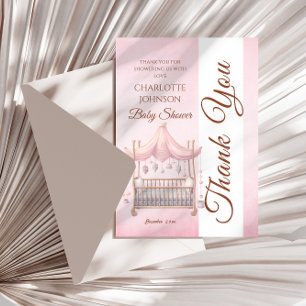 Roze vintage babywieg baby shower bedankkaart