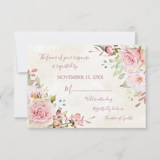 Roze Vintage Bloem Bruiloft Reactiekaart RSVP Kaartje (Voorkant)