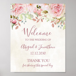 Roze Vintage Bloem Bruiloft Welkom Poster