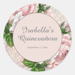 Roze Vintage Bloem Glitter Quinceañera Ronde Sticker
