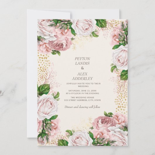Roze Vintage Bloem Goud Glitter Bruiloft Kaart (Voorkant)