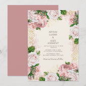 Roze Vintage Bloem Goud Glitter Bruiloft Kaart (Voorkant / Achterkant)