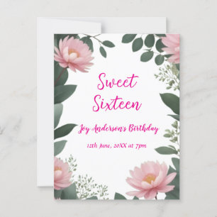 roze vintage bloem groene eucalyptus 16e verjaarda briefkaart
