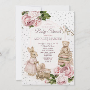 Roze Vintage Bloem Konijn Teddybeer Baby Shower Kaart