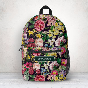 Roze Vintage Bloem Motief met Zwarte Monogram Bedrukte Rugzak