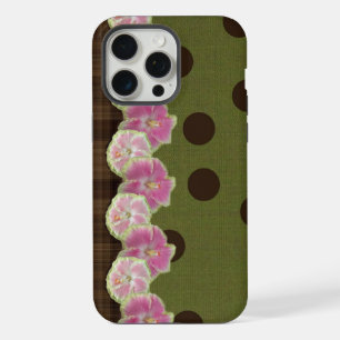 Roze Vintage Bloem Streep Olijfgroene Stippen Hoes iPhone 15 Pro Max Case