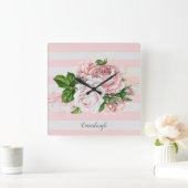 Roze Vintage Bloem Streep Vierkante Klok (Huis)