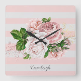Roze Vintage Bloem Streep Vierkante Klok